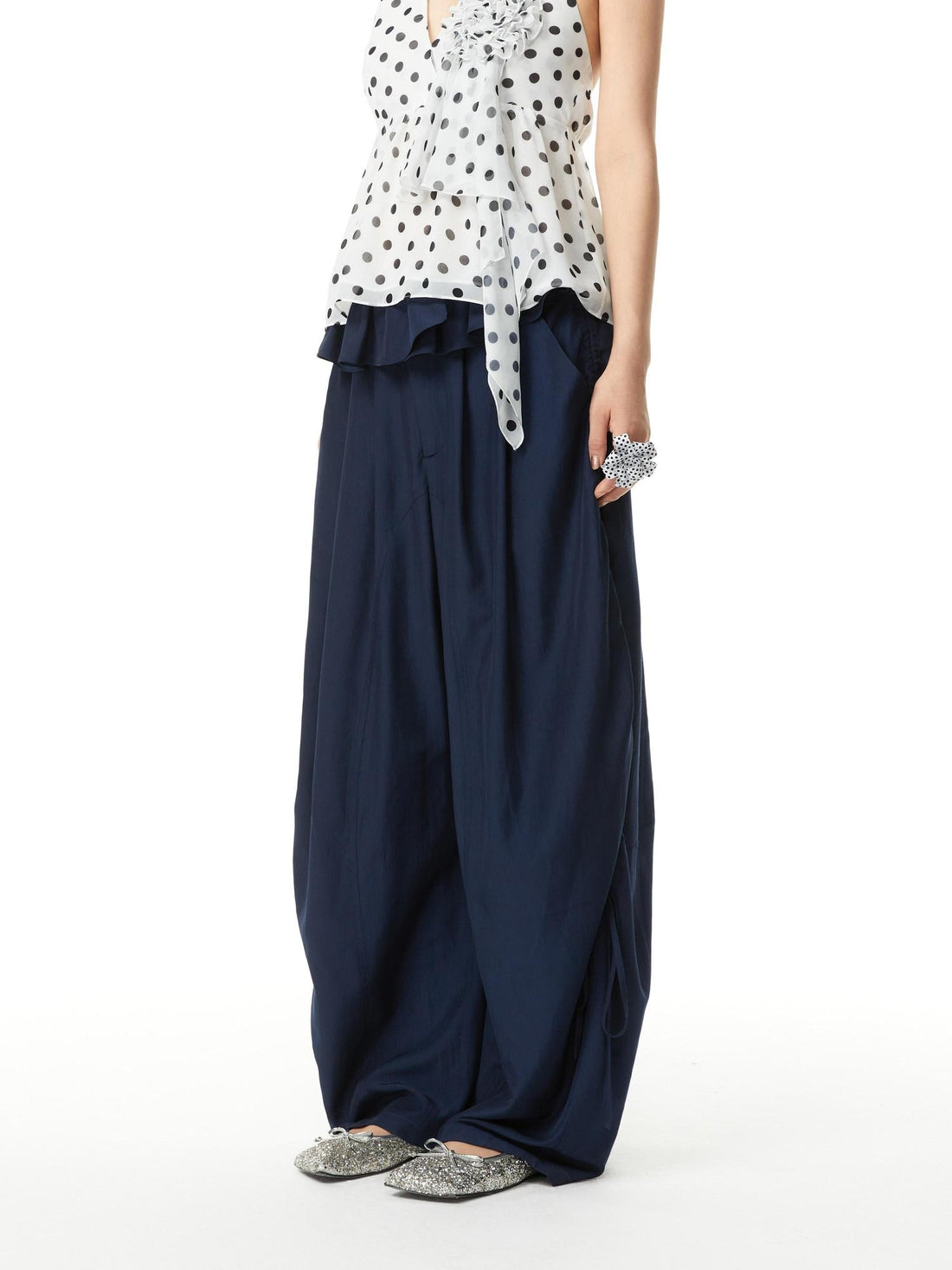 YOSHUYUKI Pleated Pocket Viscose Blend Wide Straight Relaxed Natural Waist Navy Pants