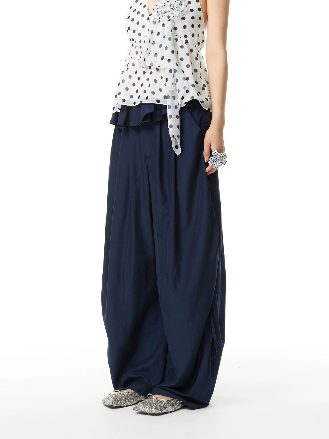 YOSHUYUKI Pleated Pocket Viscose Blend Wide Straight Relaxed Natural Waist Navy Pants-2