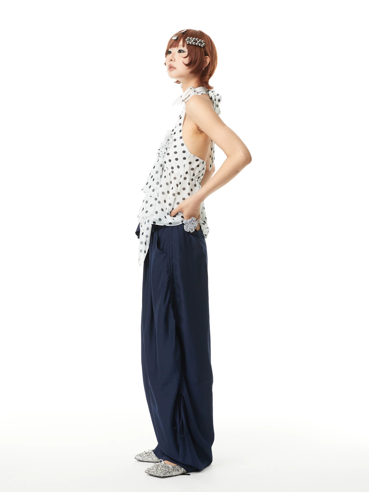 YOSHUYUKI Pleated Pocket Viscose Blend Wide Straight Relaxed Natural Waist Navy Pants-3