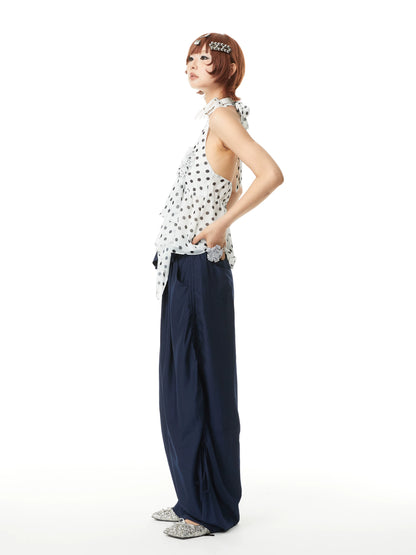 YOSHUYUKI Pleated Pocket Viscose Blend Wide Straight Relaxed Natural Waist Navy Pants-3
