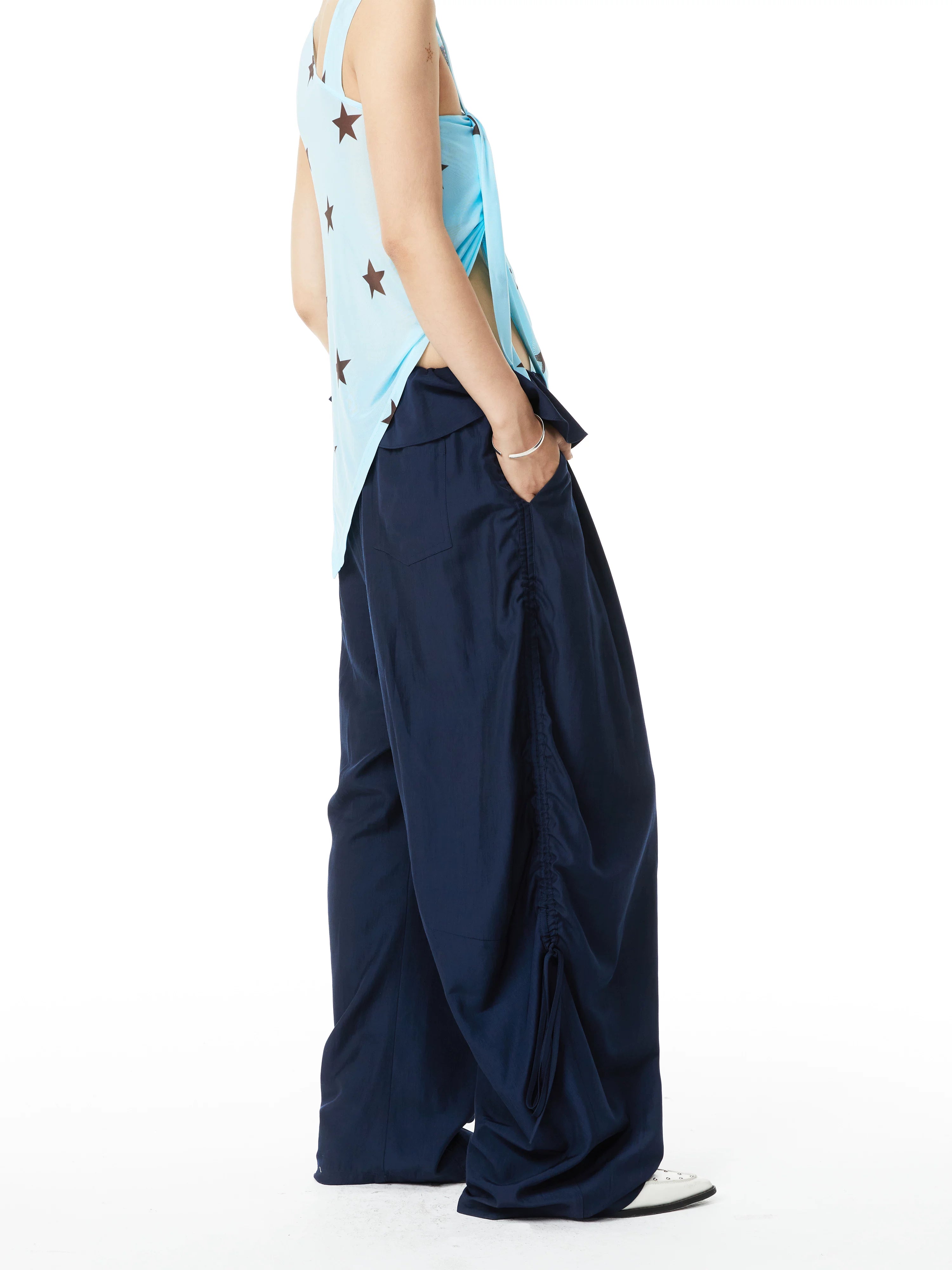 YOSHUYUKI Pleated Pocket Viscose Blend Wide Straight Relaxed Natural Waist Navy Pants-4