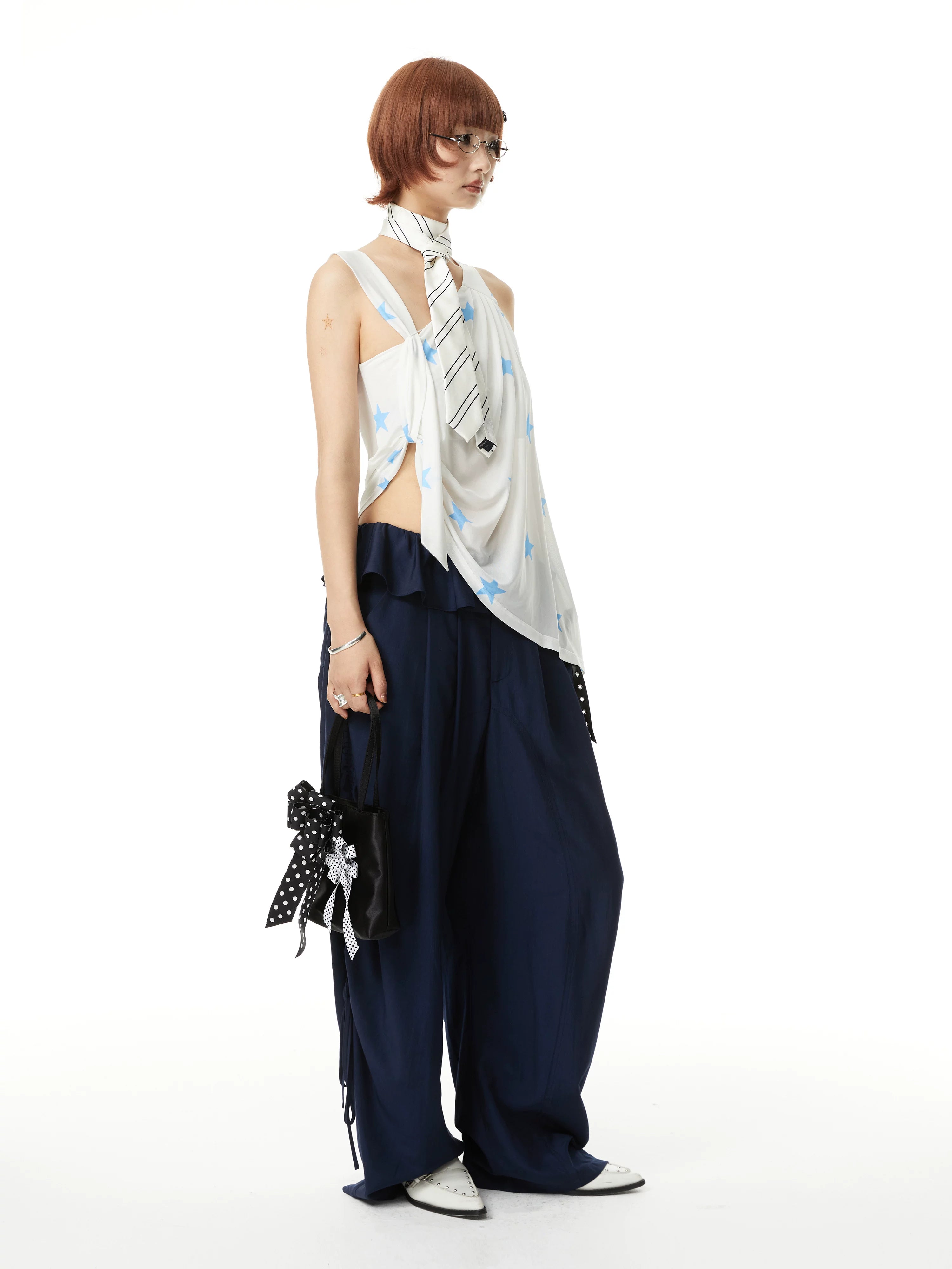 YOSHUYUKI Pleated Pocket Viscose Blend Wide Straight Relaxed Natural Waist Navy Pants-5