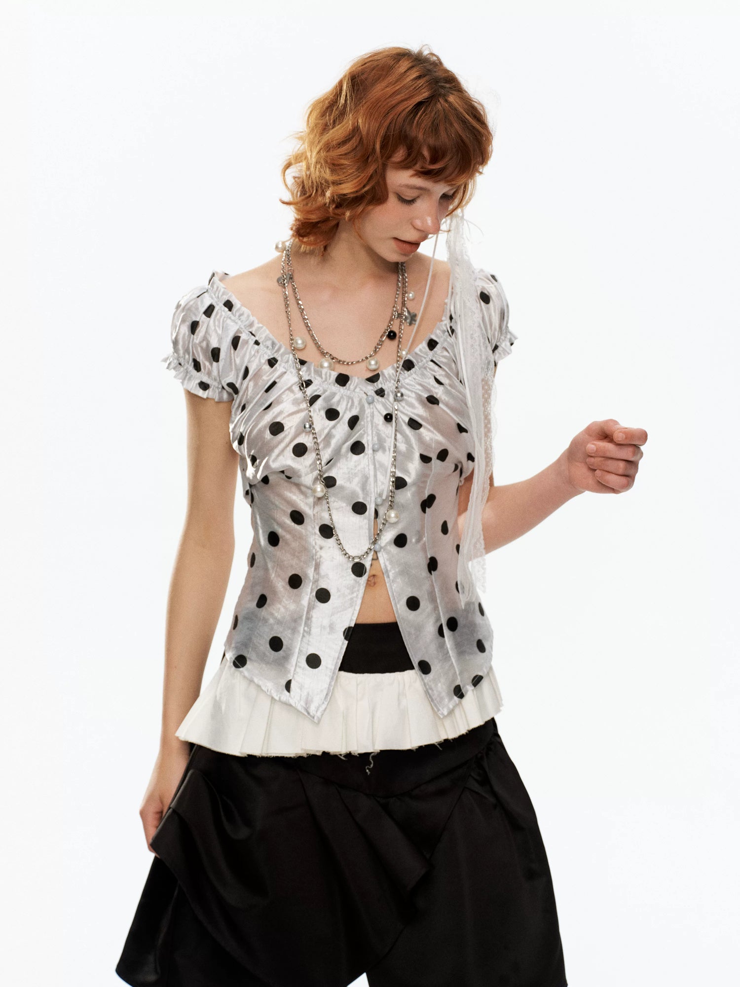 YOSHUYUKI Polka Dot Puff Sleeve V-neck Cinched Waist Women&