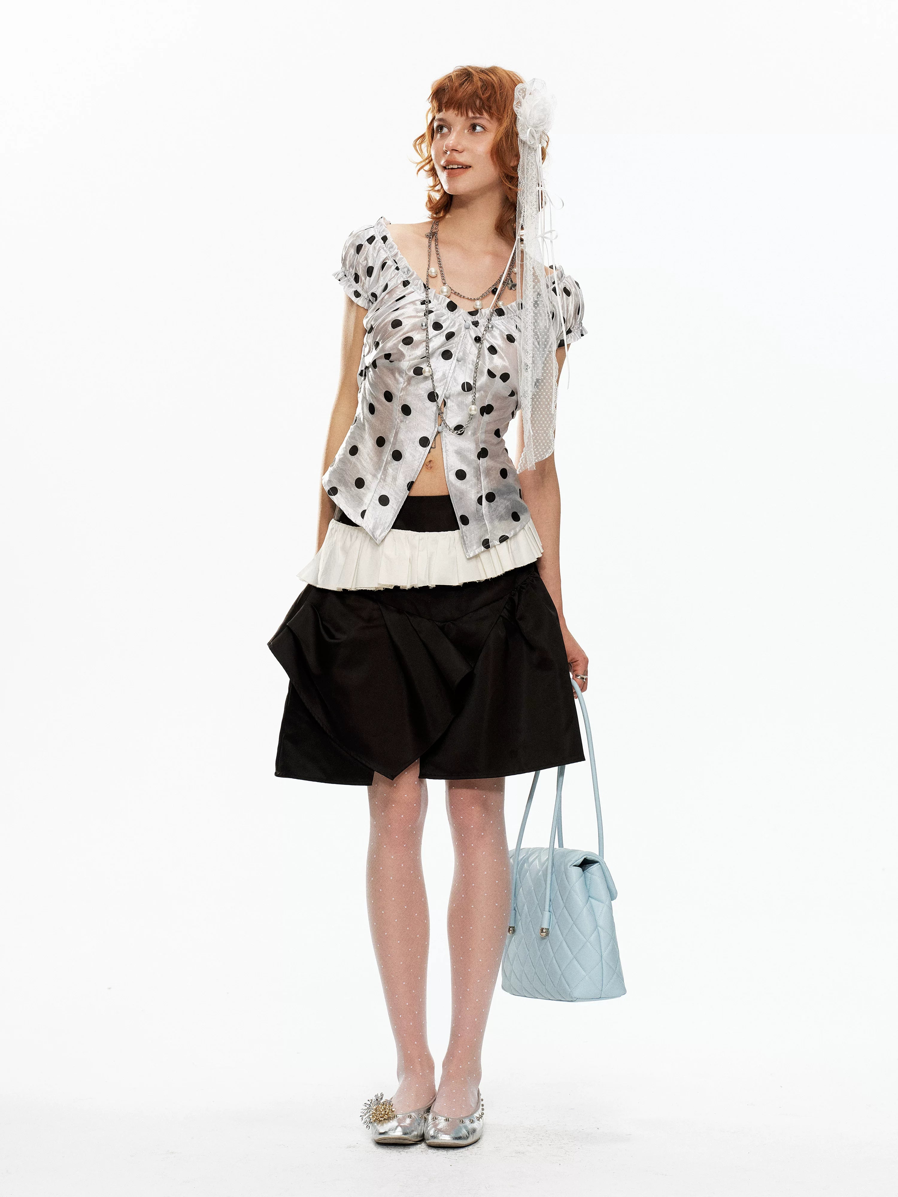 YOSHUYUKI Polka Dot Puff Sleeve V-neck Cinched Waist Women&
