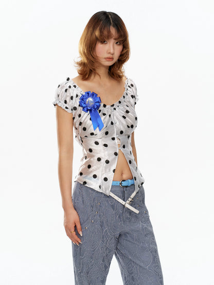 YOSHUYUKI Polka Dot Puff Sleeve V-neck Cinched Waist Women&