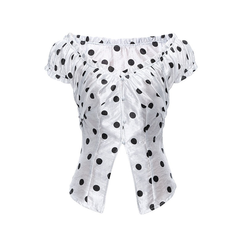 YOSHUYUKI_Polka_Dot_Puff_Sleeve_V-neck_Cinched_Waist_Women&