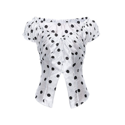 YOSHUYUKI_Polka_Dot_Puff_Sleeve_V-neck_Cinched_Waist_Women&