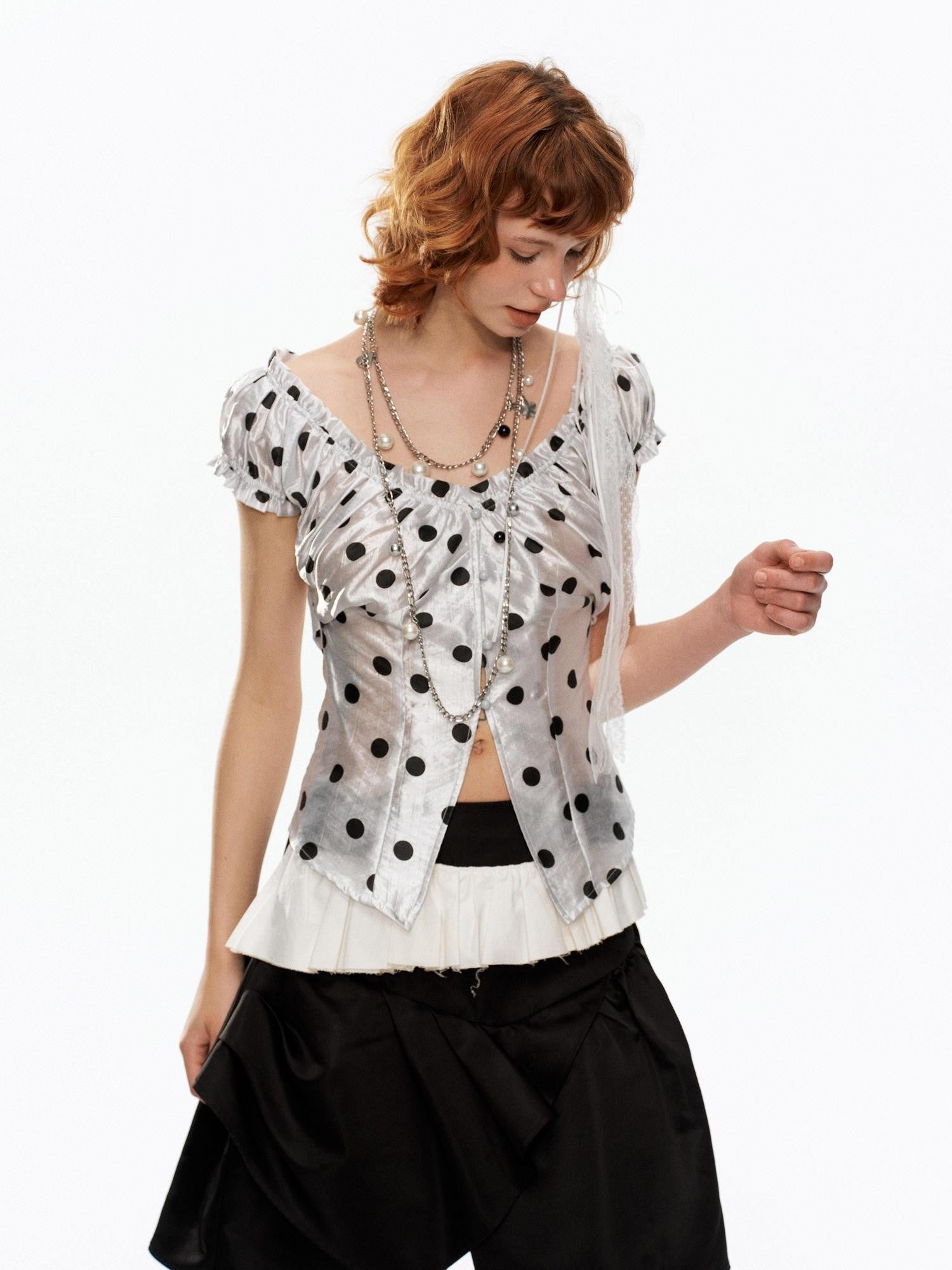 YOSHUYUKI Polka Dot Puff Sleeve V-neck Cinched Waist Women&