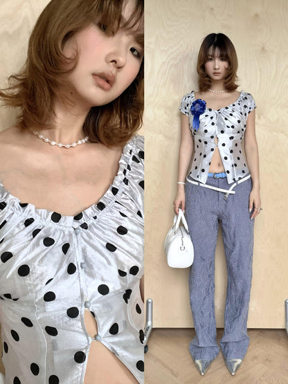 YOSHUYUKI Polka Dot Puff Sleeve V-neck Cinched Waist Women&