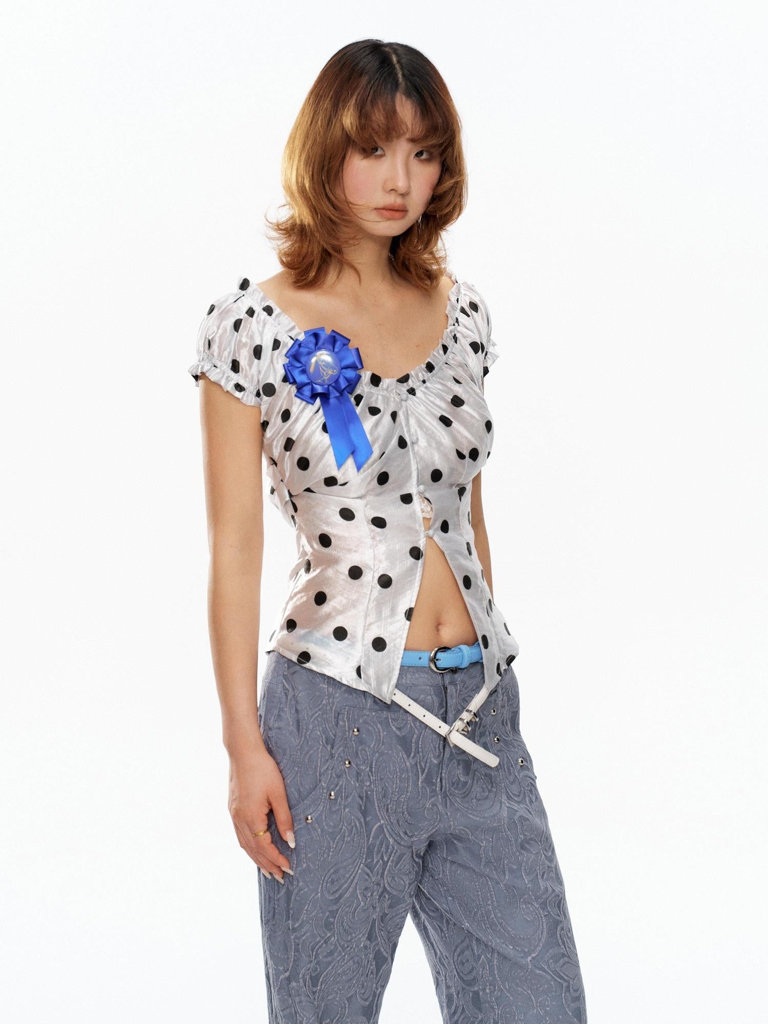 YOSHUYUKI Polka Dot Puff Sleeve V-neck Cinched Waist Women&