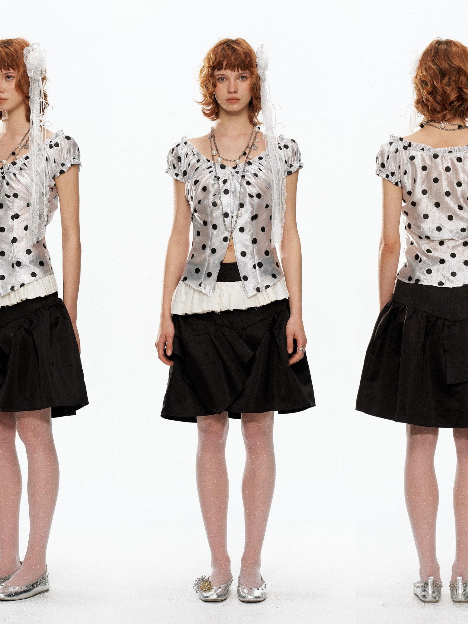 YOSHUYUKI Polka Dot Puff Sleeve V-neck Cinched Waist Women&