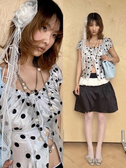 YOSHUYUKI Polka Dot Puff Sleeve V-neck Cinched Waist Women&