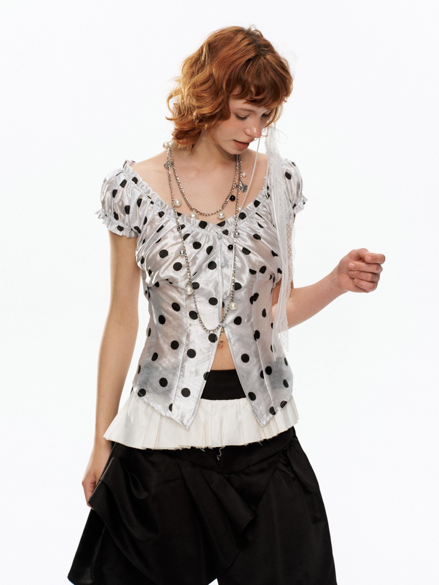 YOSHUYUKI Polka Dot Puff Sleeve V-neck Cinched Waist Women&