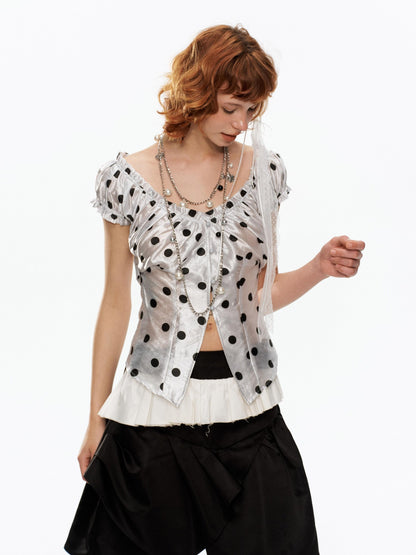 YOSHUYUKI Polka Dot Puff Sleeve V-neck Cinched Waist Women&