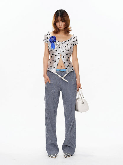 YOSHUYUKI Polka Dot Puff Sleeve V-neck Cinched Waist Women&