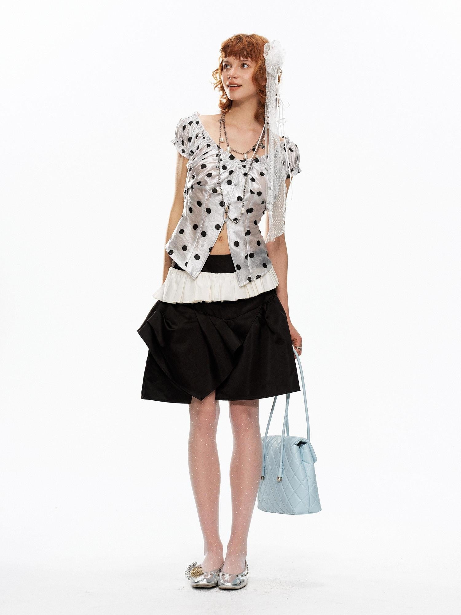YOSHUYUKI Polka Dot Puff Sleeve V-neck Cinched Waist Women&