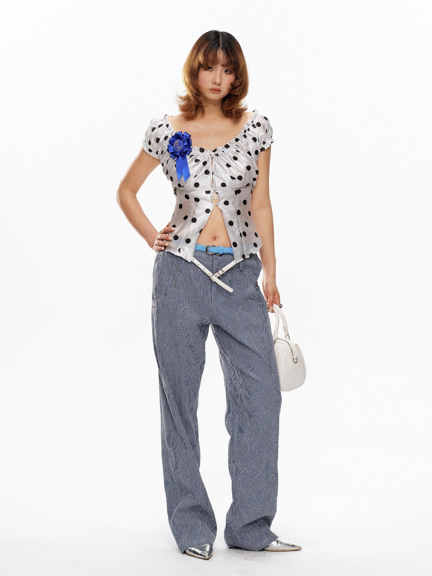 YOSHUYUKI Polka Dot Puff Sleeve V-neck Cinched Waist Women&