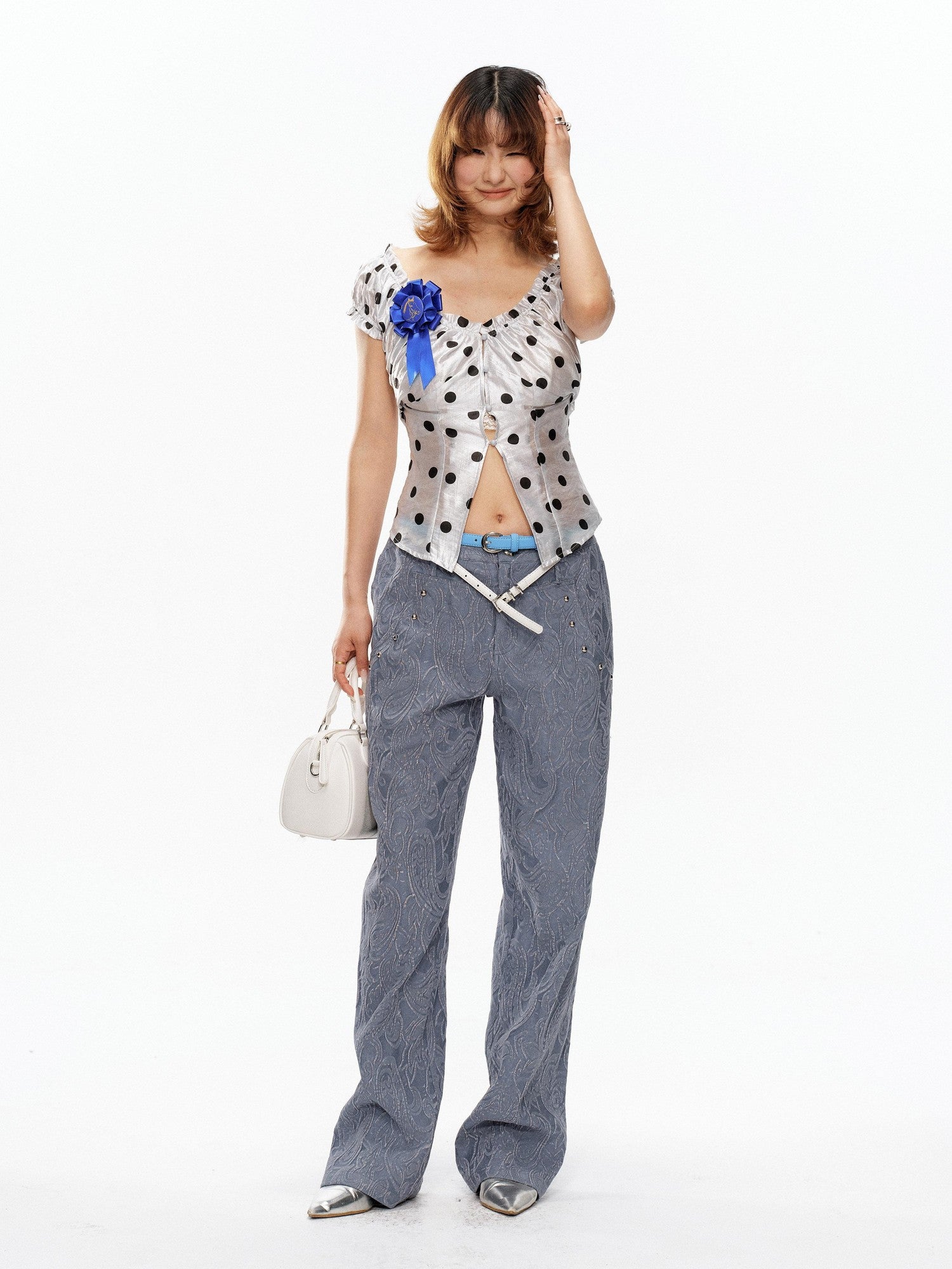 YOSHUYUKI Polka Dot Puff Sleeve V-neck Cinched Waist Women&