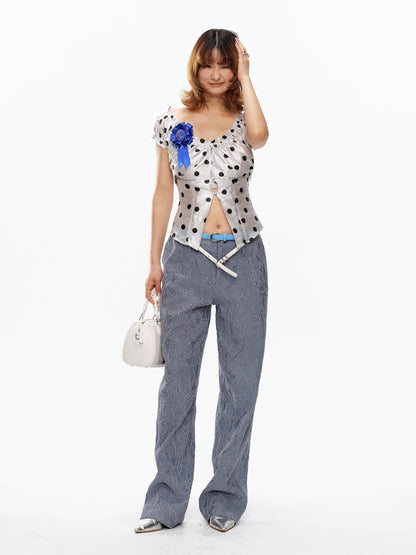 YOSHUYUKI Polka Dot Puff Sleeve V-neck Cinched Waist Women&
