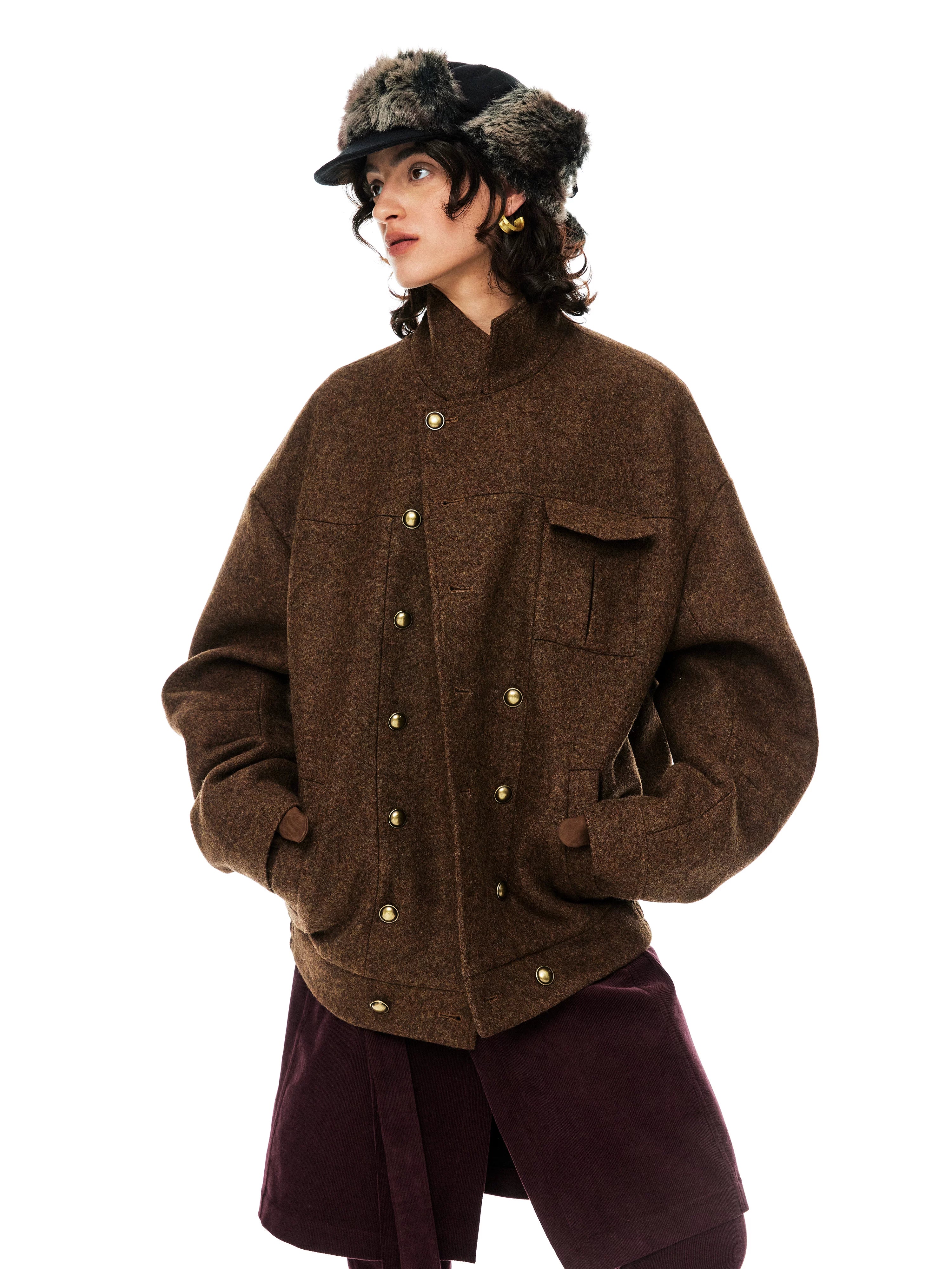 YOSHUYUKI Premium 95 Wool Stand Collar Loose Fit Original Design Brown Wool Coat-1