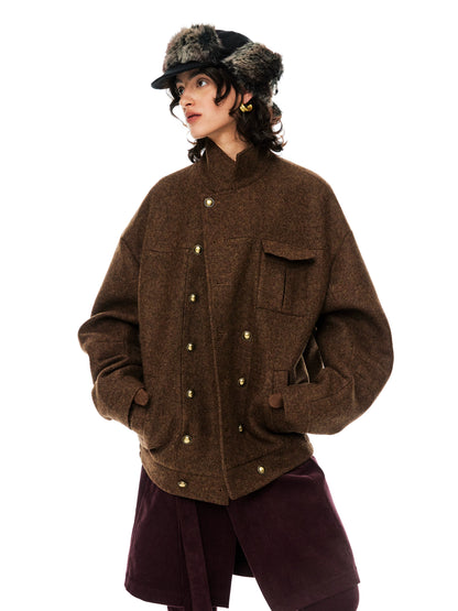 YOSHUYUKI Premium 95 Wool Stand Collar Loose Fit Original Design Brown Wool Coat-1