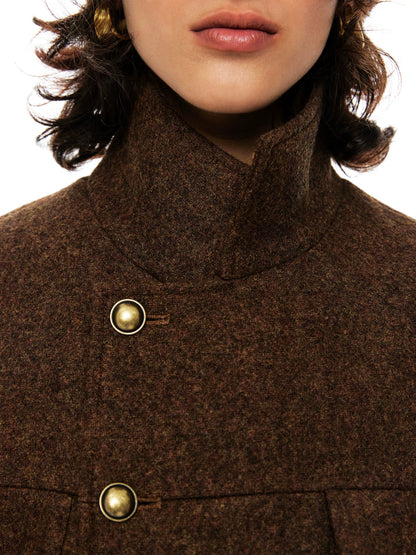 YOSHUYUKI Premium 95 Wool Stand Collar Loose Fit Original Design Brown Wool Coat-3