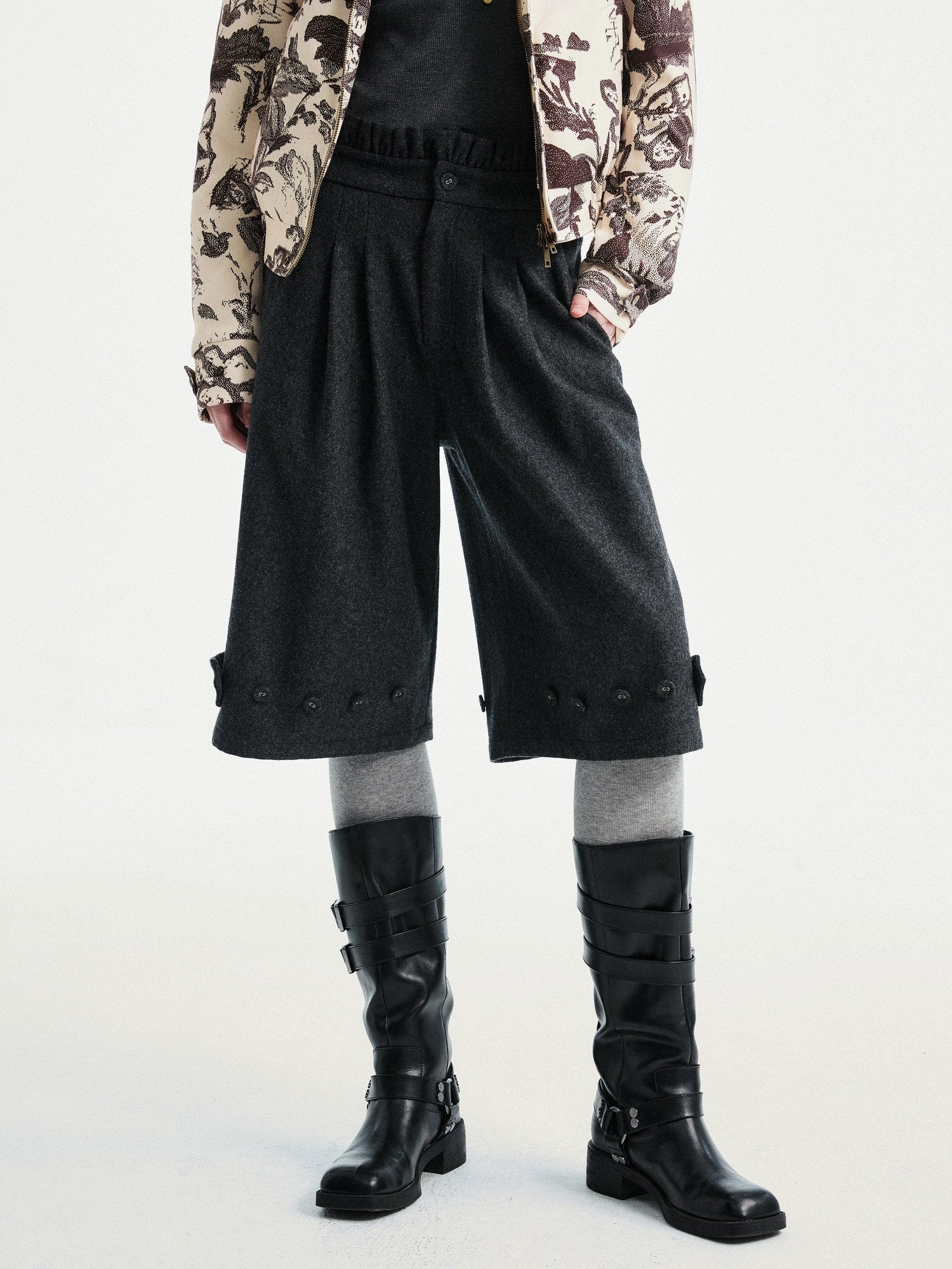 YOSHUYUKI Premium Wool Blend Vintage Straight Leg Natural Waist Pleated Unisex Gray Pants
