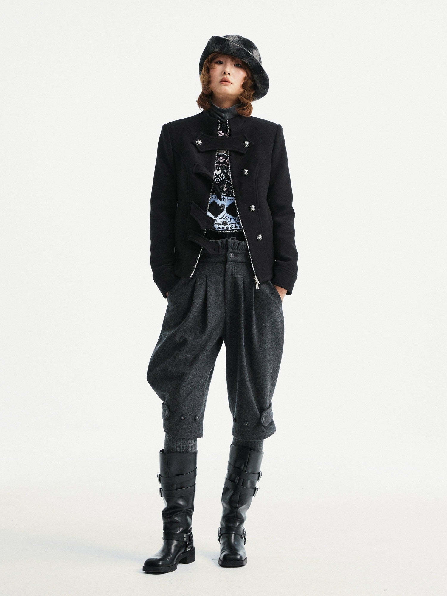 YOSHUYUKI Premium Wool Blend Vintage Straight Leg Natural Waist Pleated Unisex Gray Pants