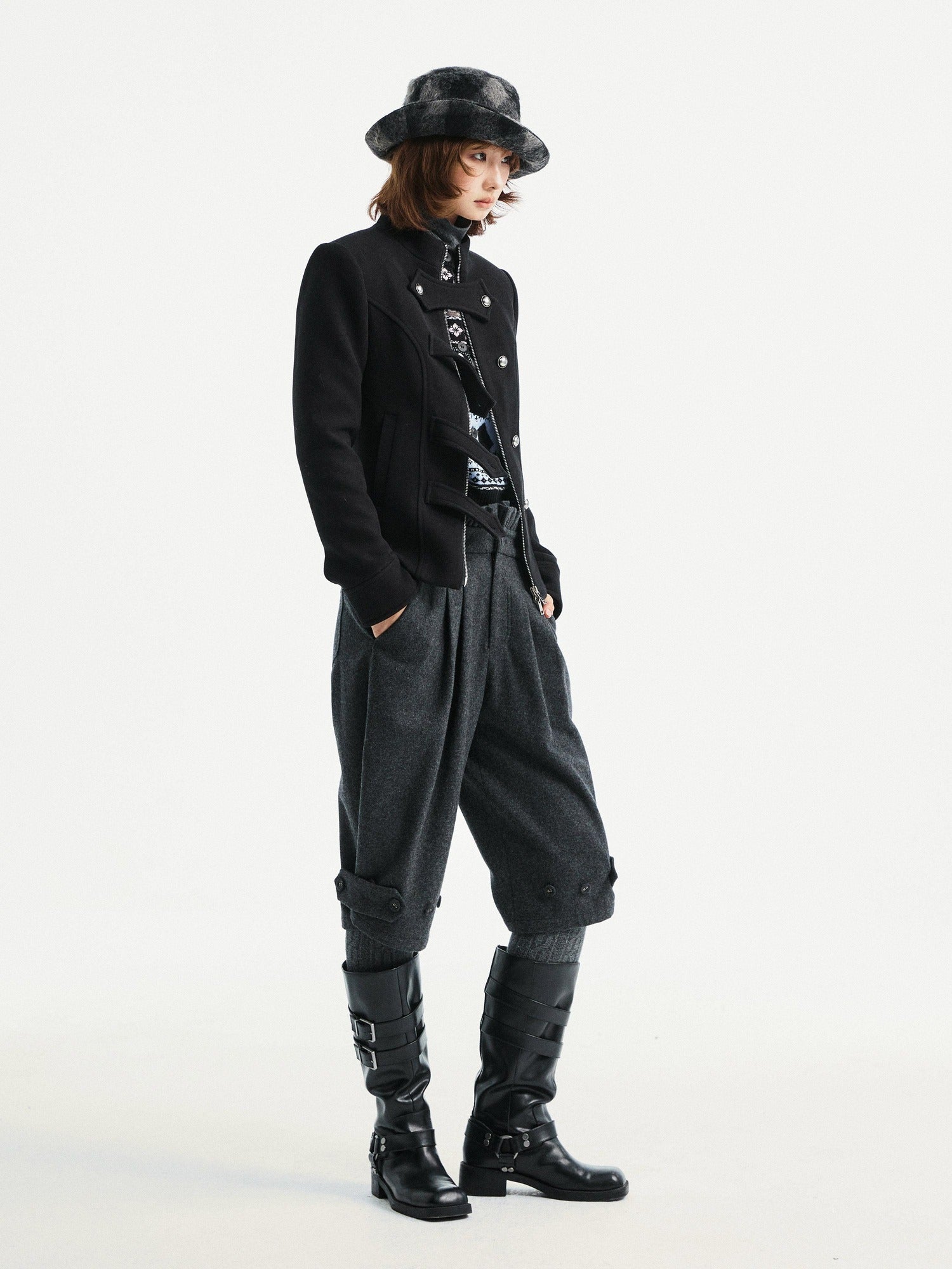 YOSHUYUKI Premium Wool Blend Vintage Straight Leg Natural Waist Pleated Unisex Gray Pants