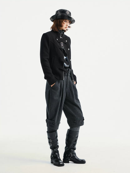 YOSHUYUKI Premium Wool Blend Vintage Straight Leg Natural Waist Pleated Unisex Gray Pants-5