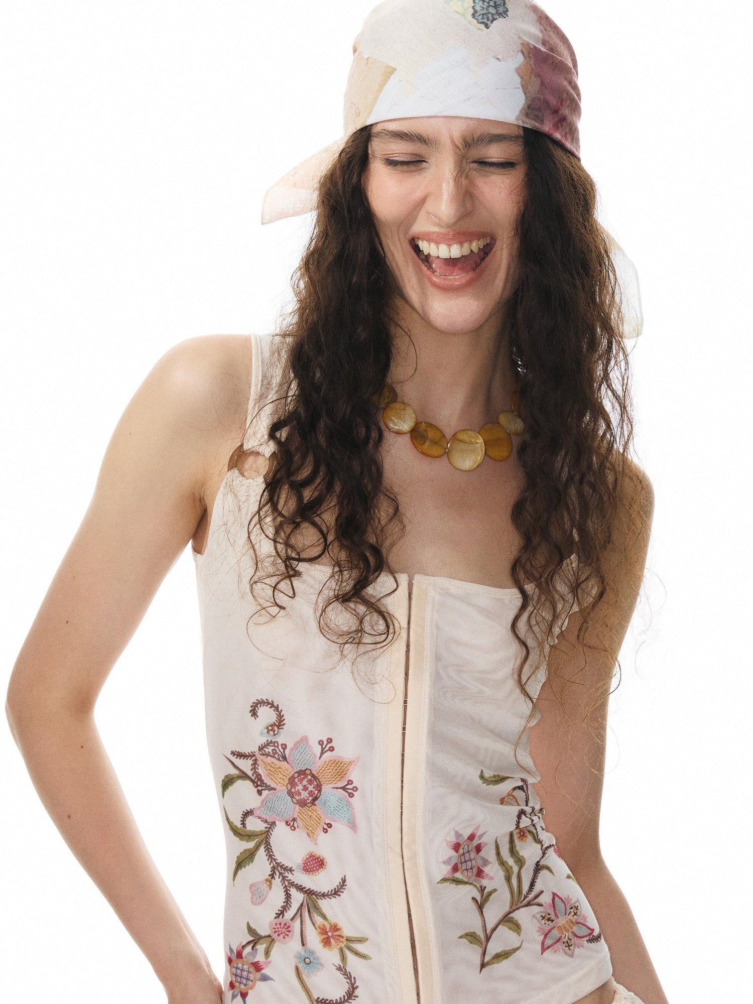 YOSHUYUKI Printed Mesh Floral Low Scoop Neck Cropped Slim Women&