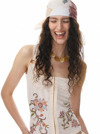 YOSHUYUKI Printed Mesh Floral Low Scoop Neck Cropped Slim Women&