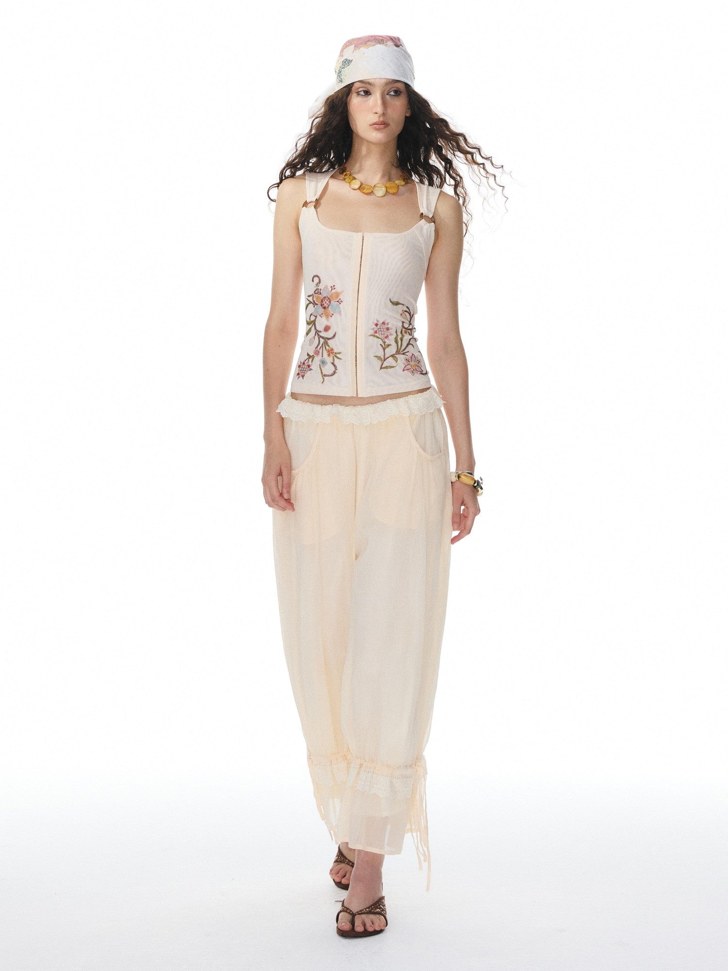 YOSHUYUKI Printed Mesh Floral Low Scoop Neck Cropped Slim Women&