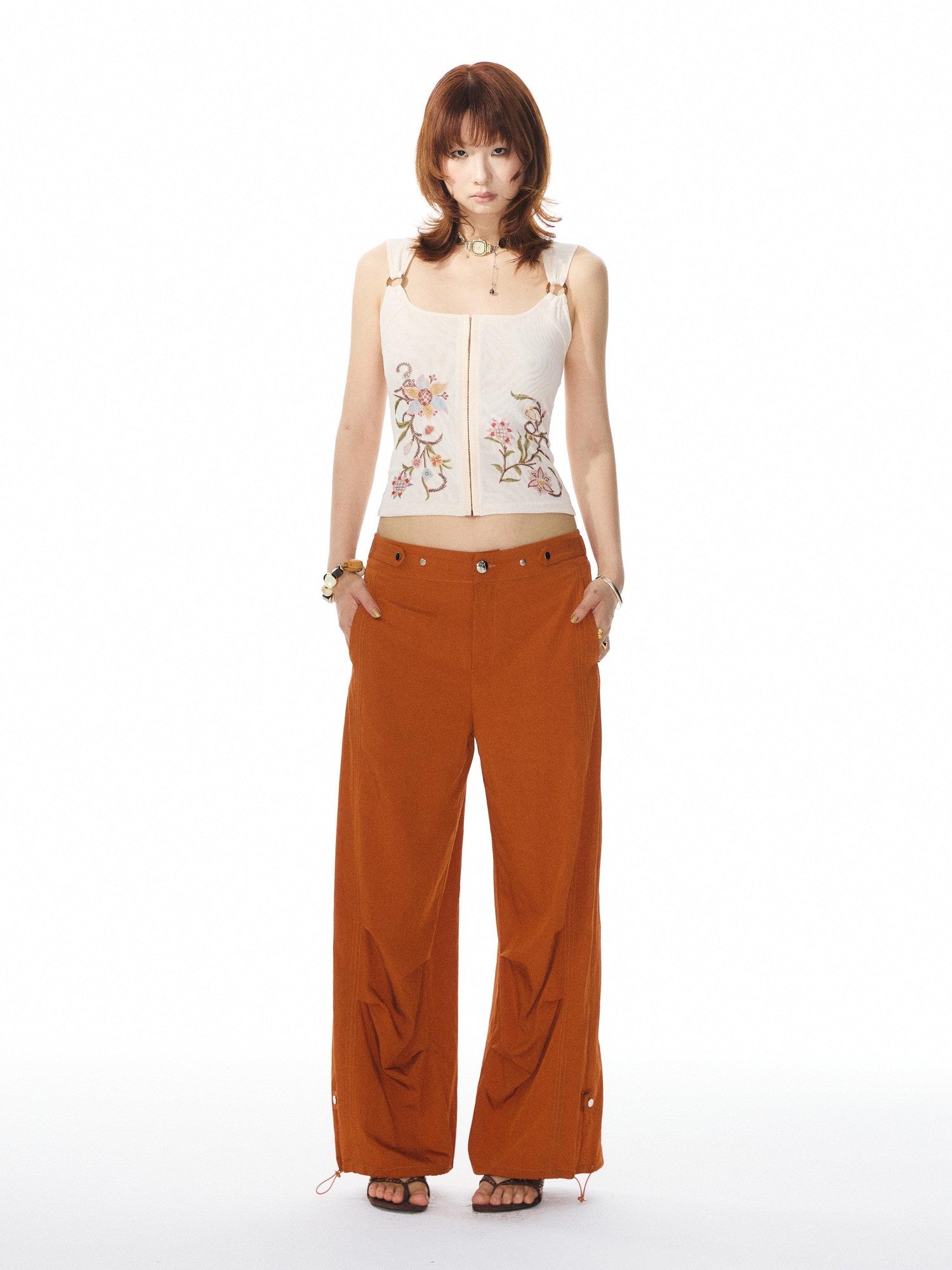 YOSHUYUKI Printed Mesh Floral Low Scoop Neck Cropped Slim Women&