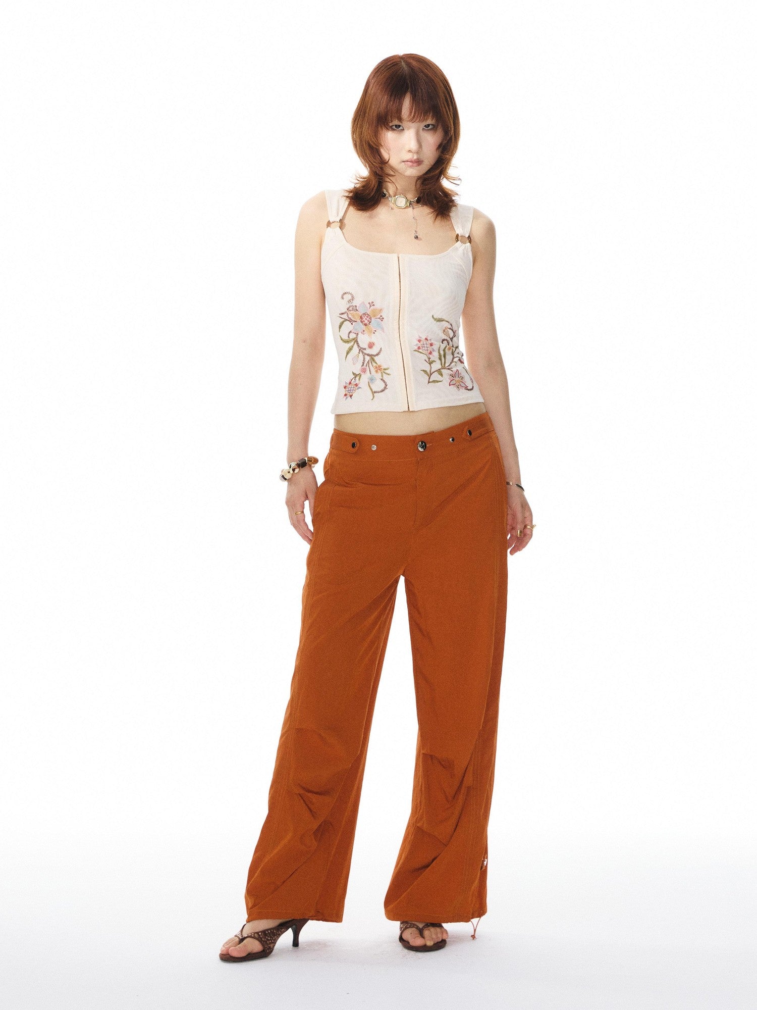 YOSHUYUKI Printed Mesh Floral Low Scoop Neck Cropped Slim Women&