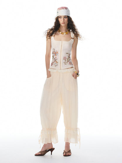 YOSHUYUKI Printed Mesh Floral Low Scoop Neck Cropped Slim Women&