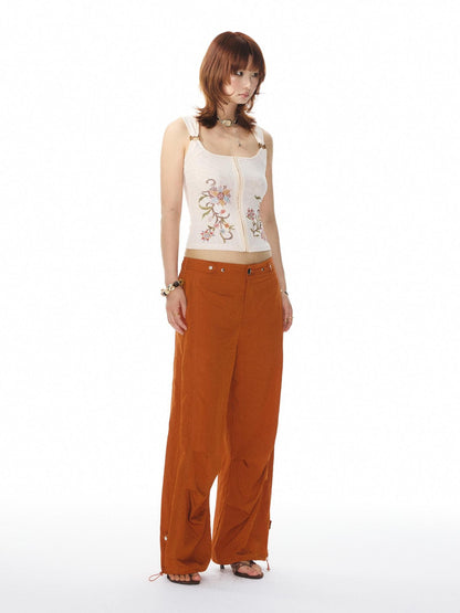 YOSHUYUKI Printed Mesh Floral Low Scoop Neck Cropped Slim Women&