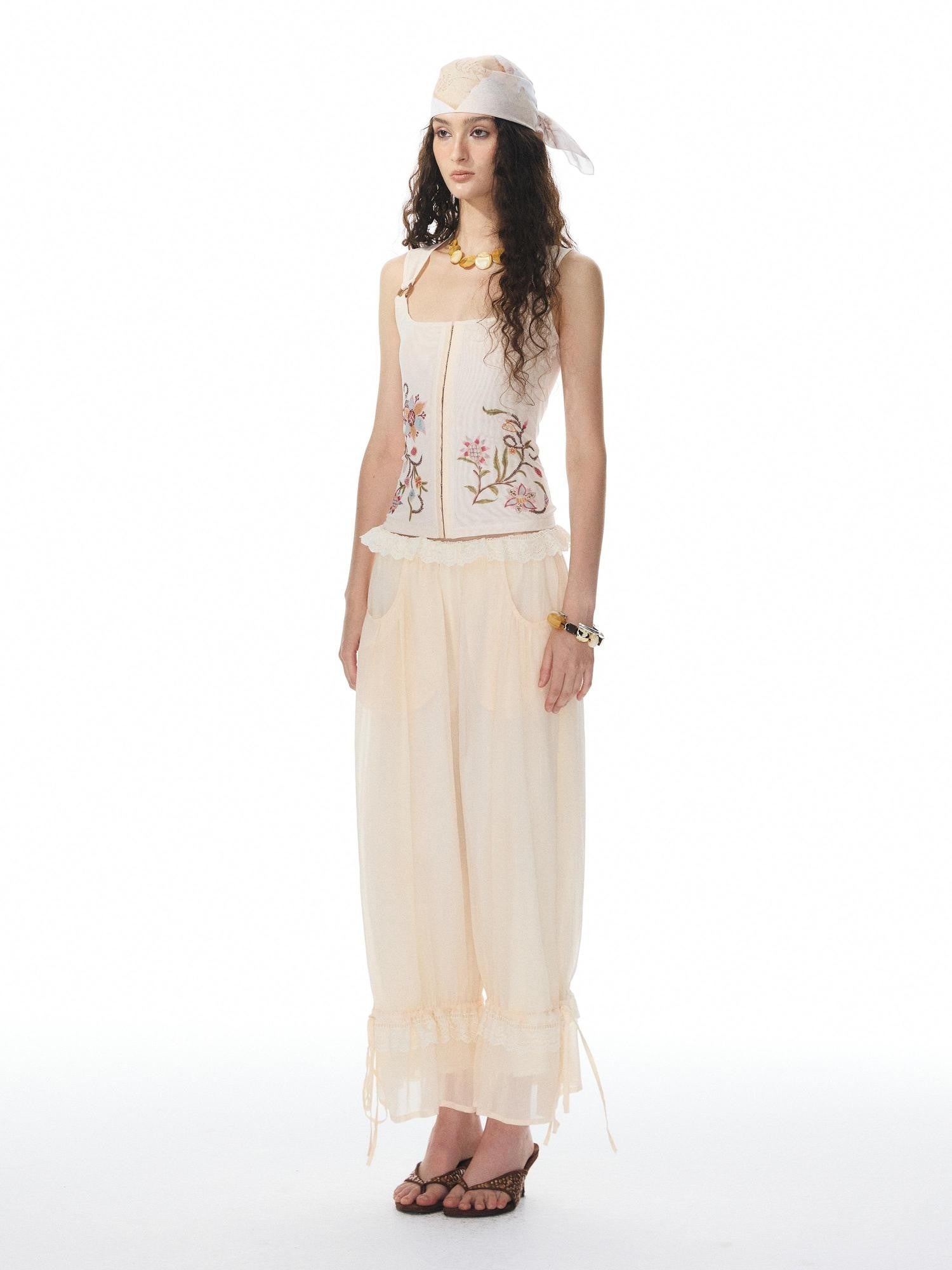 YOSHUYUKI Printed Mesh Floral Low Scoop Neck Cropped Slim Women&
