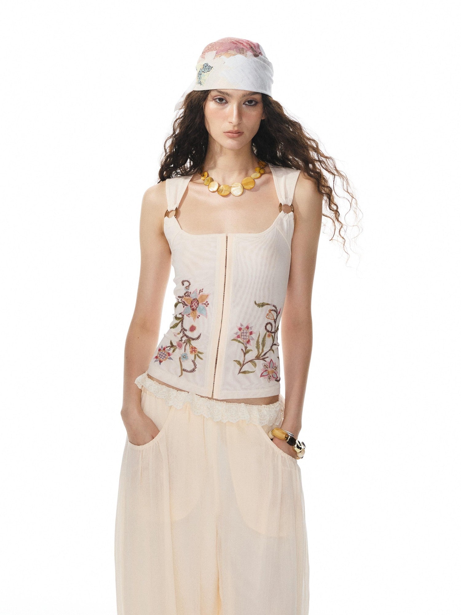 YOSHUYUKI Printed Mesh Floral Low Scoop Neck Cropped Slim Women&