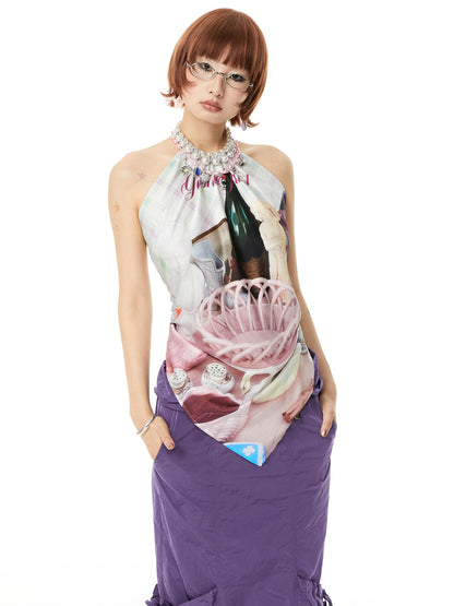 YOSHUYUKI Printed Scarf Halter Neck Slip Top