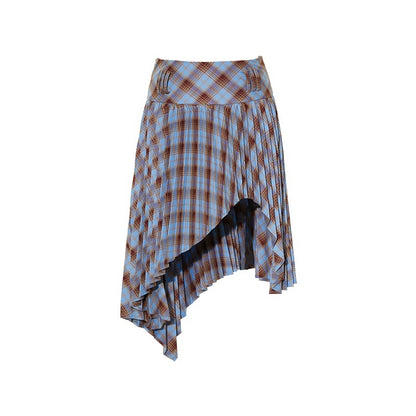 YOSHUYUKI_Punk_Plaid_Pleated_Layered_Hem_A_Line_Denim_Women&