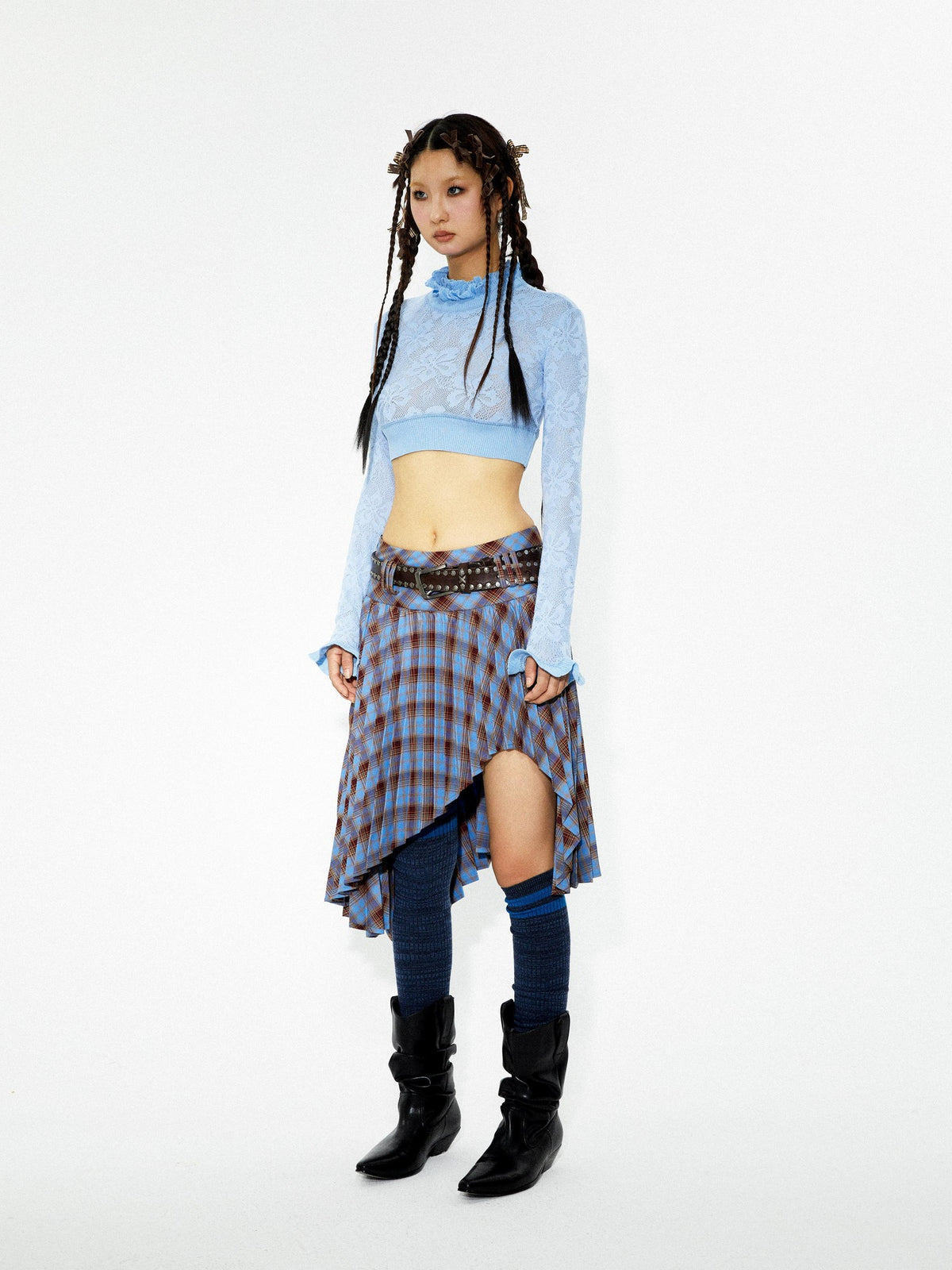 YOSHUYUKI Punk Plaid Pleated Layered Hem A Line Denim Women&