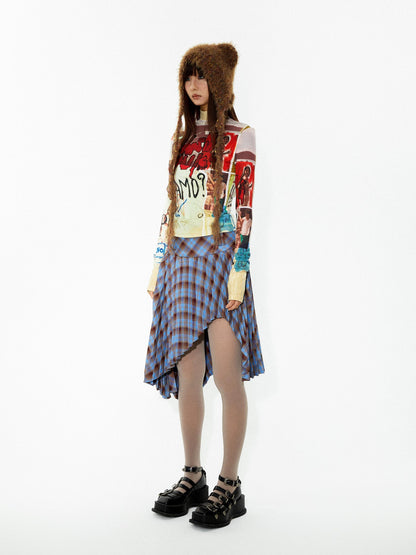YOSHUYUKI Punk Plaid Pleated Layered Hem A Line Denim Women&