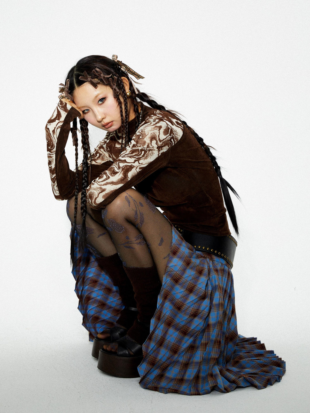 YOSHUYUKI Punk Plaid Pleated Layered Hem A Line Denim Women&