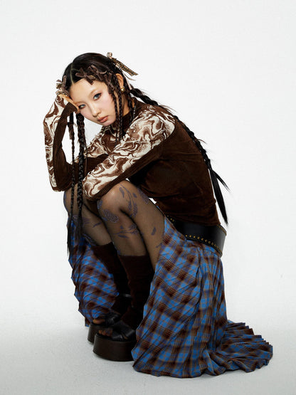 YOSHUYUKI Punk Plaid Pleated Layered Hem A Line Denim Women&