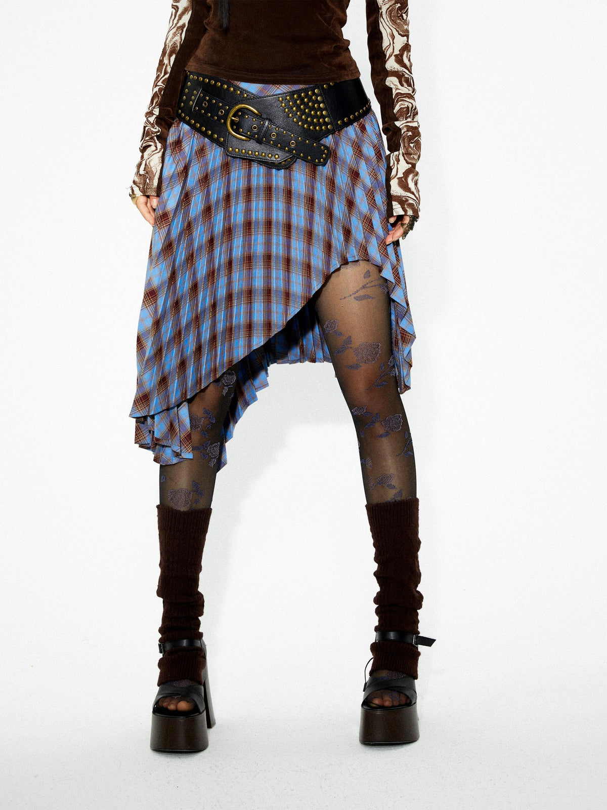 YOSHUYUKI Punk Plaid Pleated Layered Hem A Line Denim Women&