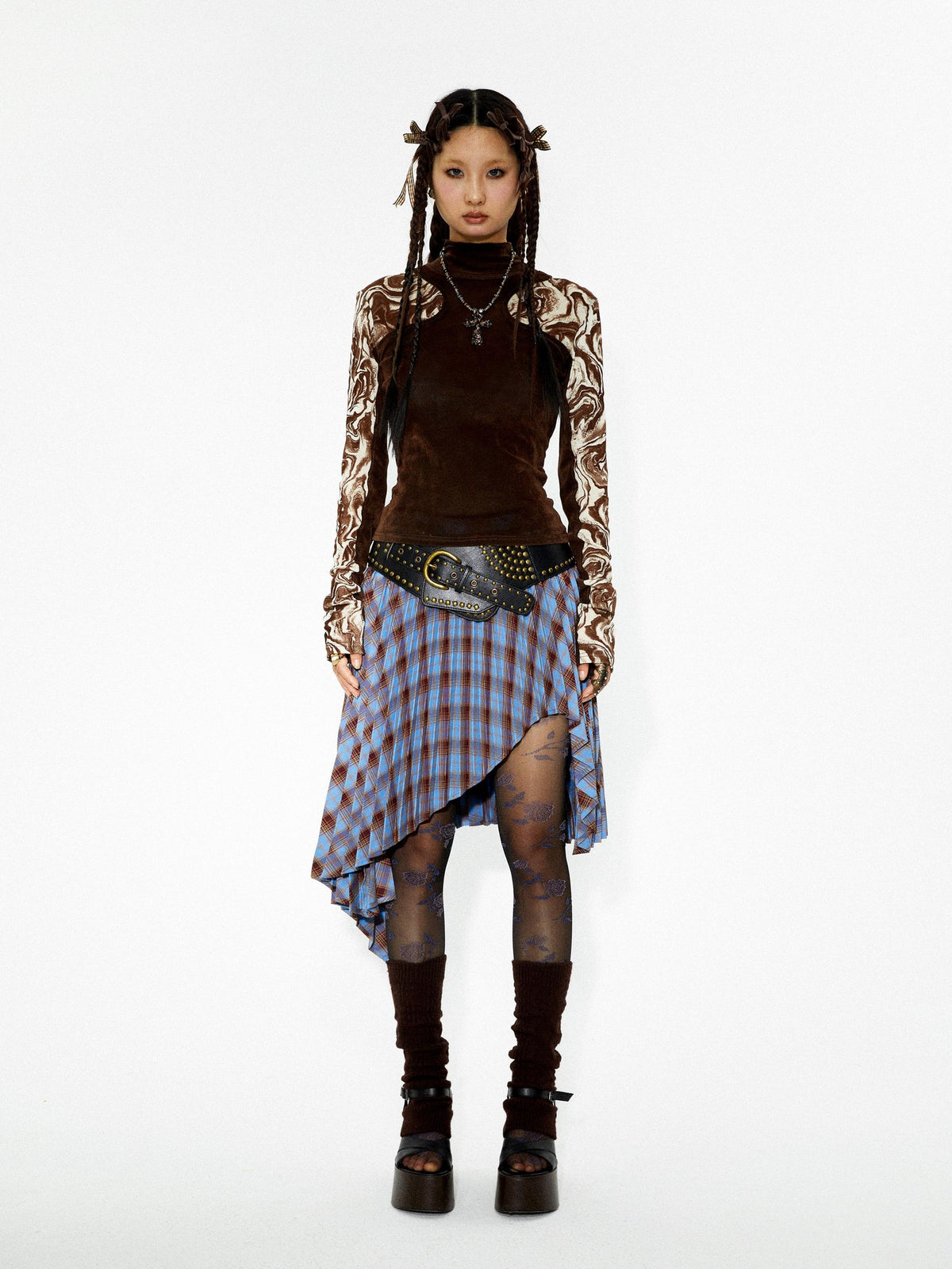 YOSHUYUKI Punk Plaid Pleated Layered Hem A Line Denim Women&