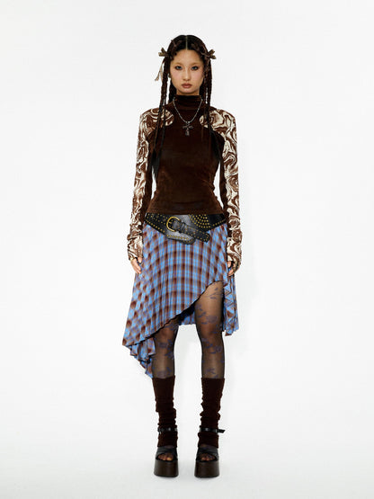 YOSHUYUKI Punk Plaid Pleated Layered Hem A Line Denim Women&
