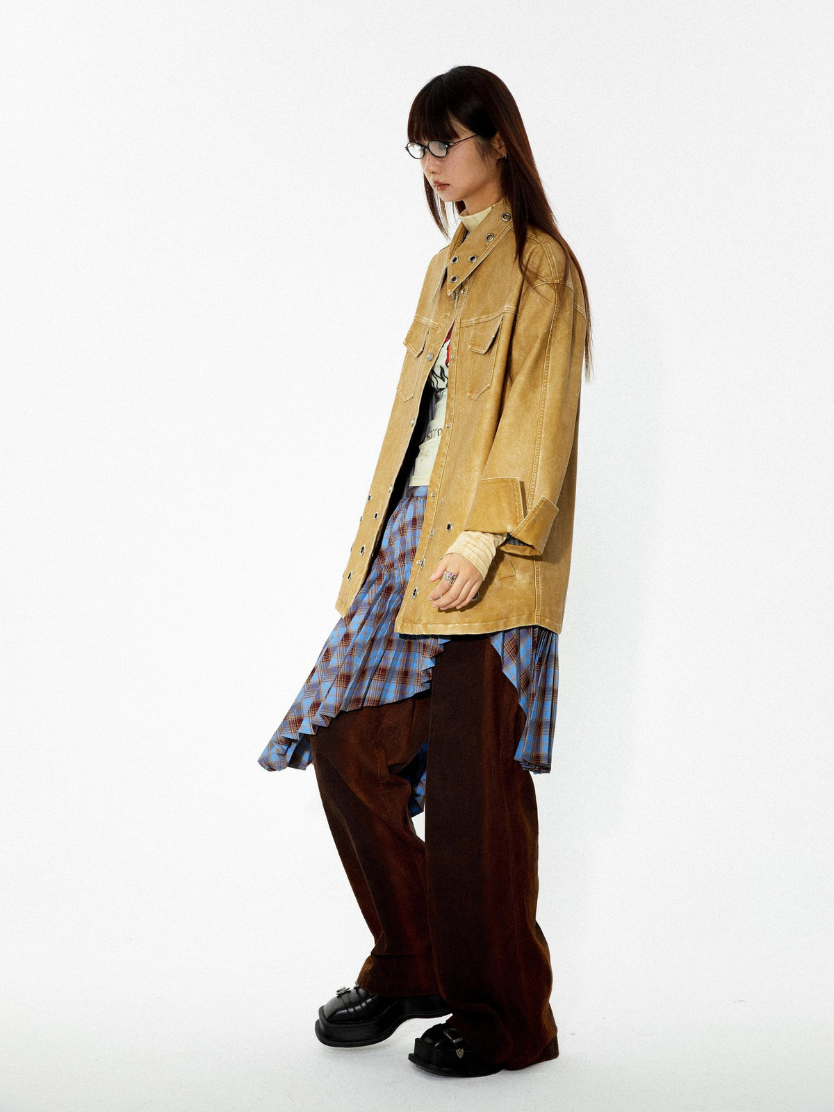 YOSHUYUKI Punk Plaid Pleated Layered Hem A Line Denim Women&