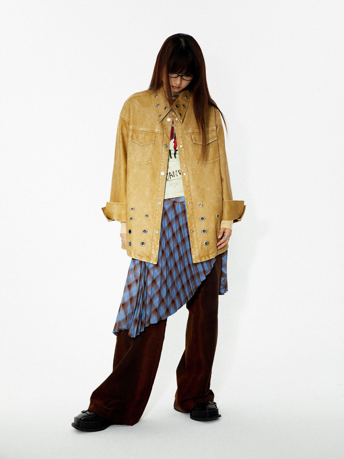YOSHUYUKI Punk Plaid Pleated Layered Hem A Line Denim Women&